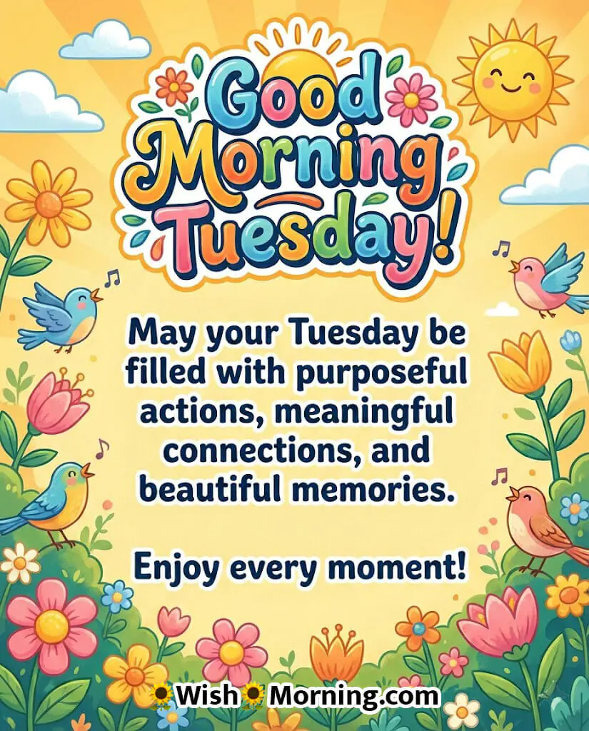 Good Morning Tuesday Wish with Purpose and Joy image featuring a smiling sun, singing birds, and colourful garden flowers symbolizing fresh motivation, meaningful moments, and happiness.