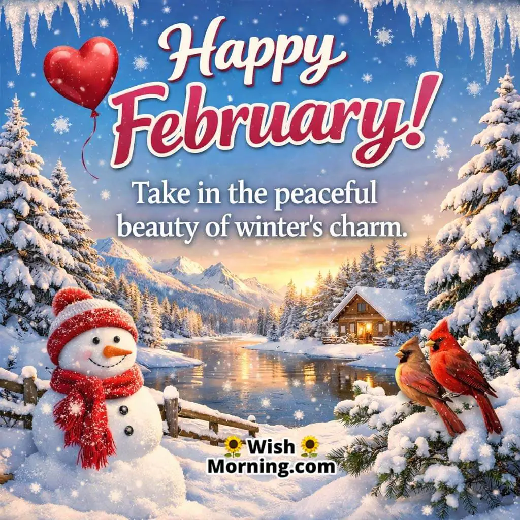 Happy February Winter Morning image featuring a snowman near a snowy lake and trees, symbolising peaceful winter joy.