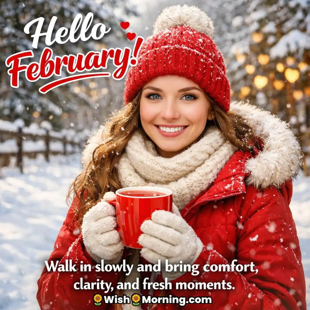 Hello February Message showing a cheerful woman holding a hot cup in a snowy outdoor setting, expressing comfort, clarity, and a calm start to the month.