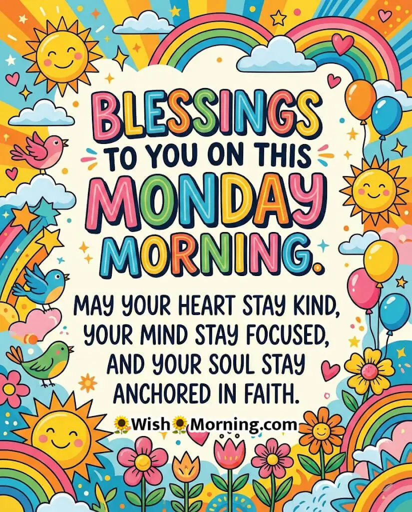 Bright Monday blessings image featuring rainbows, sunshine, and balloons symbolizing kindness, faith, and a hopeful start to the week.