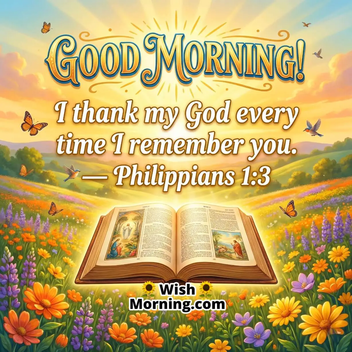 LGood Morning Bible Verse to Share with Loved Ones, featuring Philippians 1:3, with an open illustrated Bible amid butterflies and vibrant flowers in a radiant sunrise scene, symbolizing gratitude and affection.