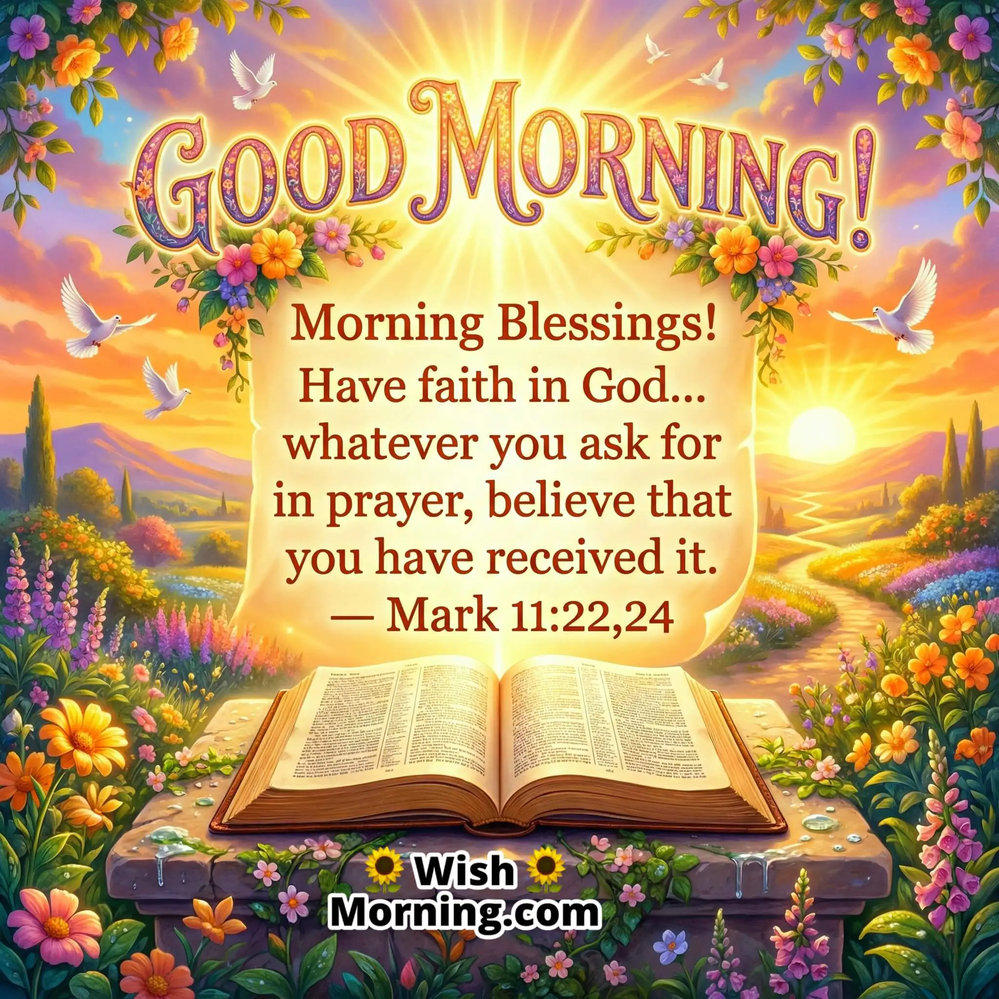 Good Morning faith-based Bible image with Mark 11:22, showing doves, an open Bible on a garden path with glowing sunrise and blooming flowers, representing prayer, belief, and morning blessings.