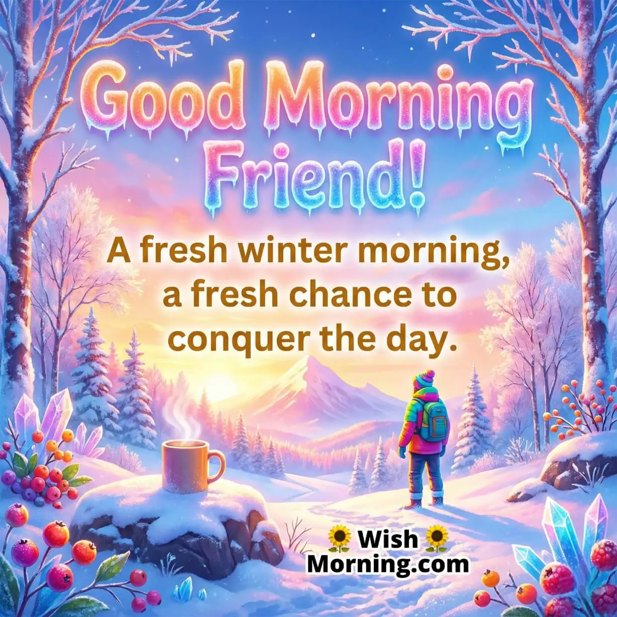 Motivational Winter Good Morning Friend Quote Pic featuring a snowy mountain path sunrise coffee cup and a person walking forward, symbolising new beginnings courage and confidence.