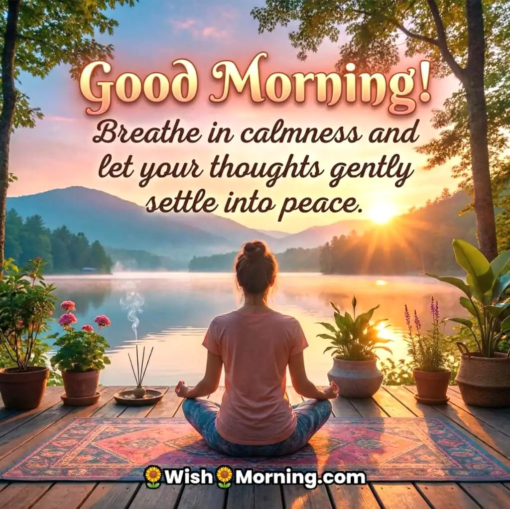 Peaceful Good Morning Meditation Message For Calm image featuring a woman sitting in meditation by a calm lake during sunrise with soft light and plants around, symbolizing calm breathing inner peace and a relaxed start to the day.