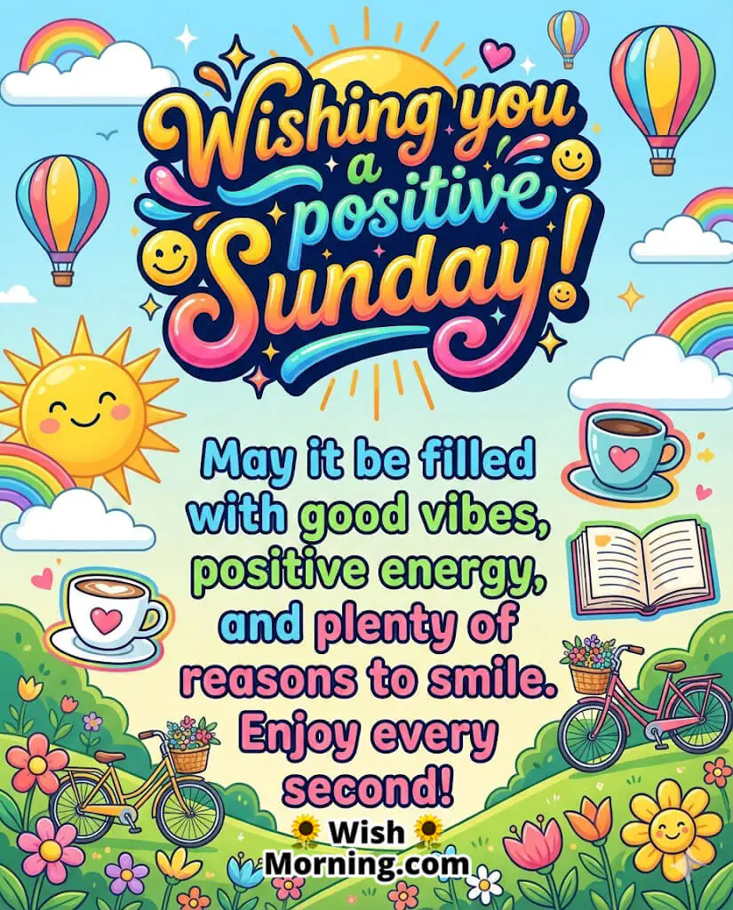 Positive Sunday image featuring smiling sun, rainbow, hot air balloons, and bicycles symbolizing happiness, optimism, and bright Sunday energy.