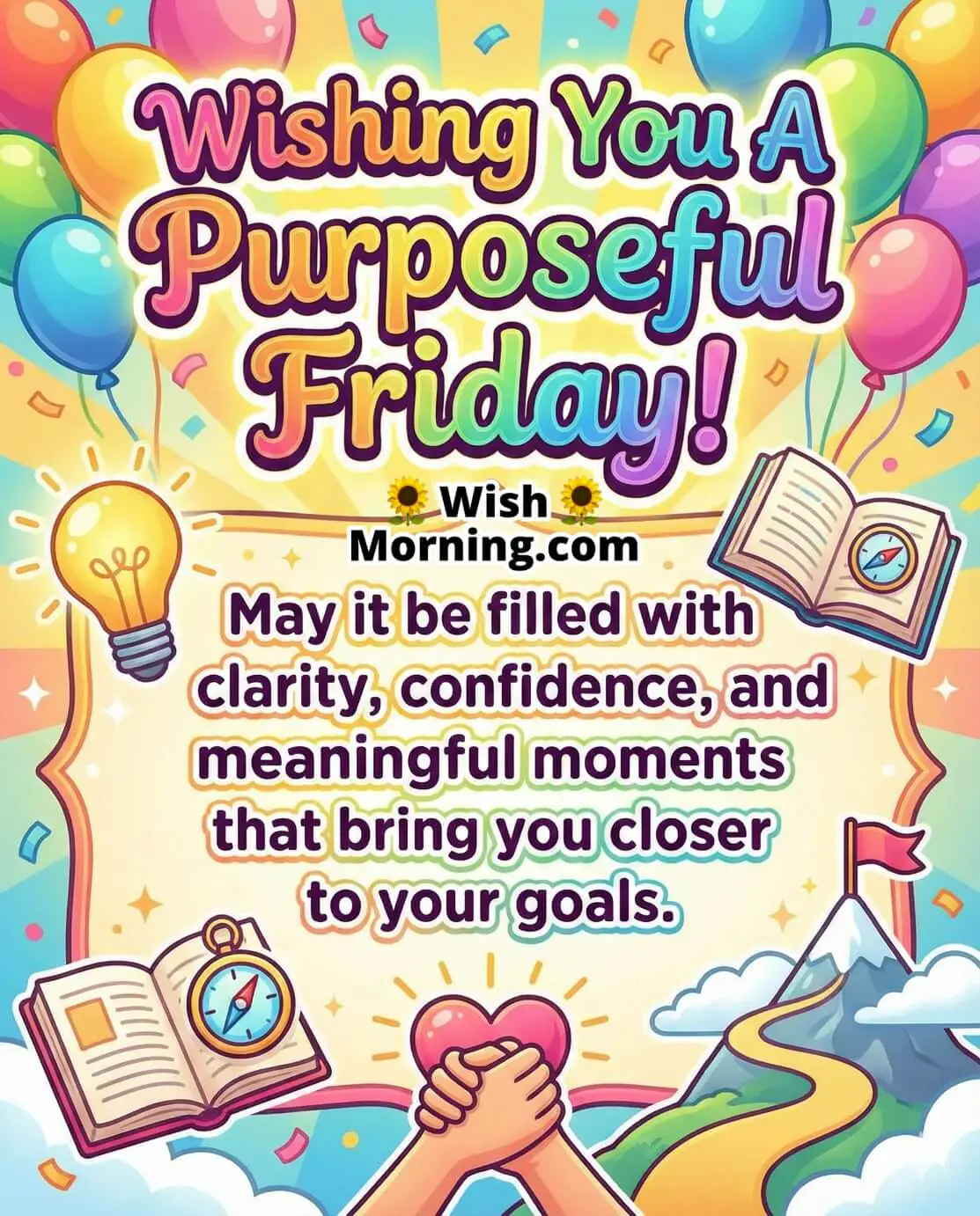 Purposeful Friday Message Image for Clarity and Goals, featuring colourful balloons, confetti, a glowing lightbulb, books with a compass, a handshake heart, and a mountain path, symbolising confidence, direction, and progress.