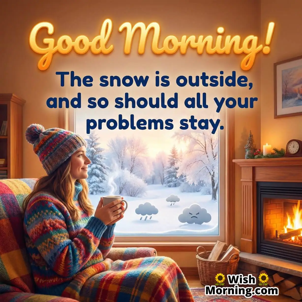 Stress Free Winter Good Morning Quote image featuring a woman relaxing indoors with coffee blanket and fireplace while snow falls outside, symbolising peace comfort and worry free vibes.