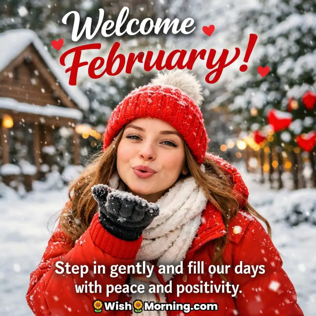 Welcome February Morning Greeting featuring a woman blowing a kiss in a snowy village scene, conveying warmth, positivity, and a friendly start to the month.