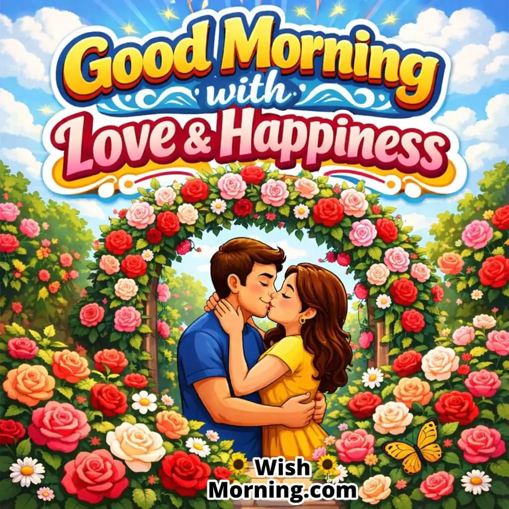 A happy couple kissing in a colorful garden, full of love and morning cheer.