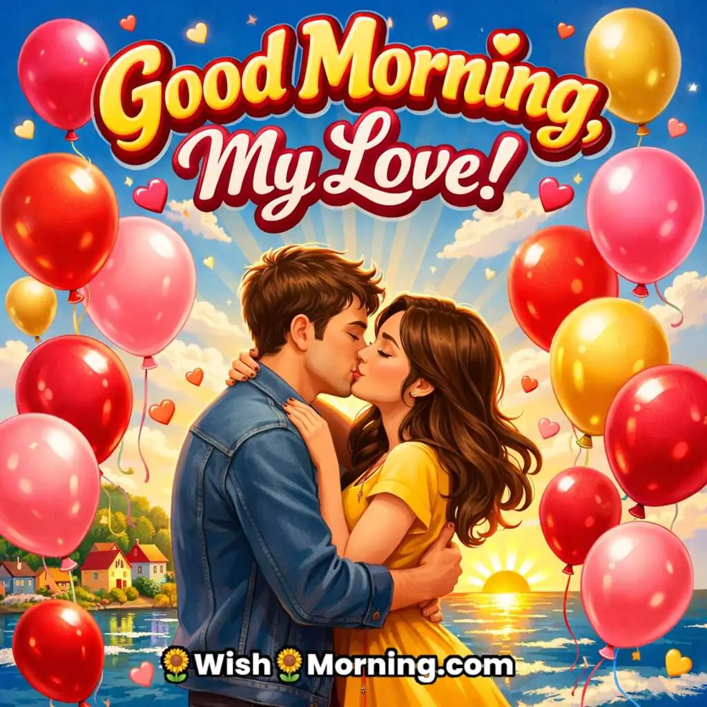 A couple sharing a joyful kiss, surrounded by colorful balloons, celebrating love and happiness.