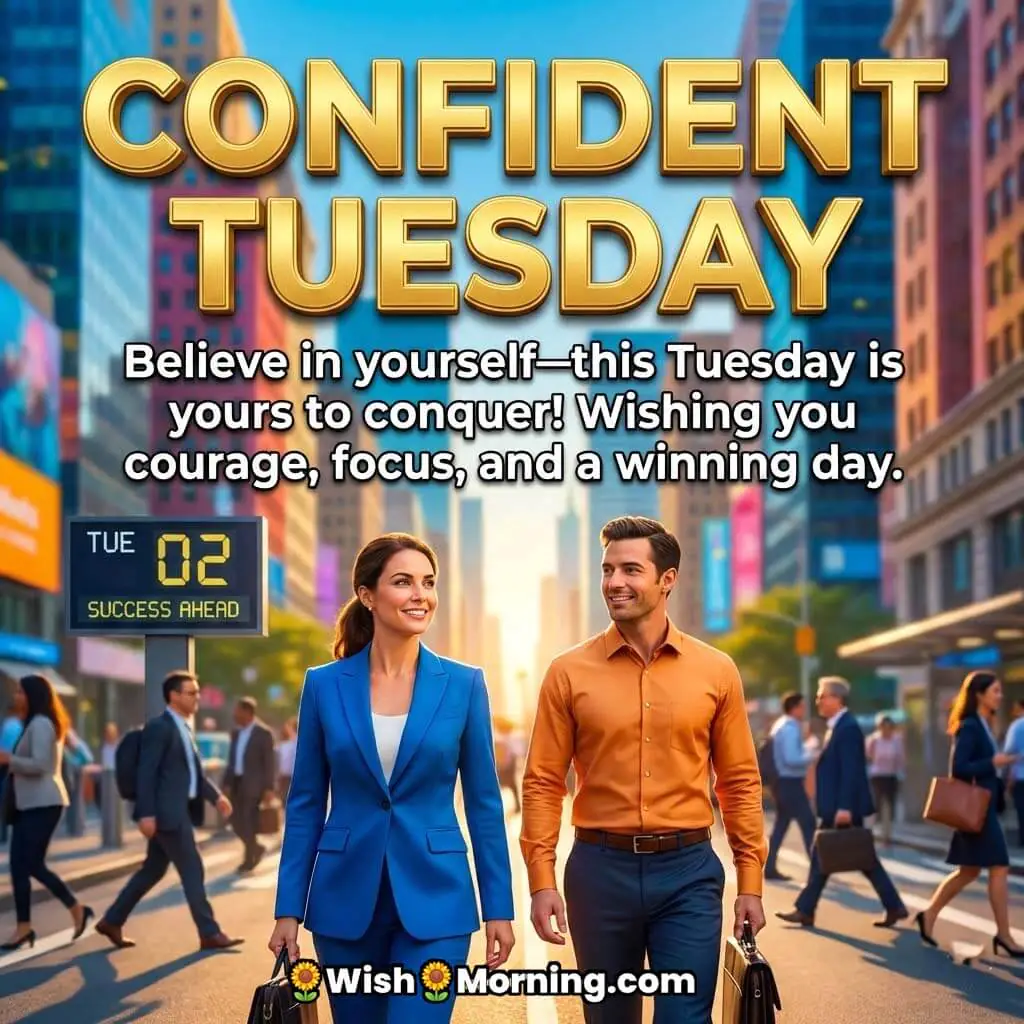 Confident Tuesday message image featuring professionally dressed people walking through a city street, symbolising confidence, focus, and success.