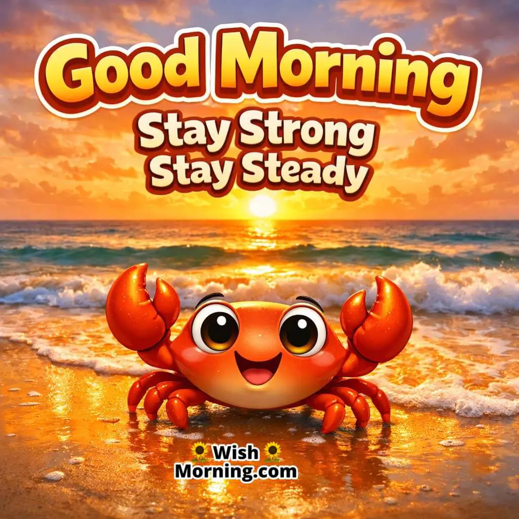 Cute Crab Wet Sand Good Morning Image featuring a cheerful crab on shiny wet sand with gentle waves and sunrise reflections, symbolizing strength and steady confidence.