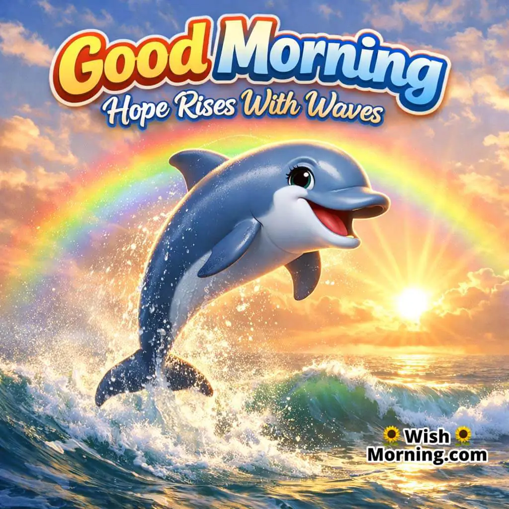 Dolphin Rainbow Mist Good Morning Picture featuring a dolphin jump with soft rainbow-like mist in morning sunlight, symbolizing hope and cheerful inspiration.