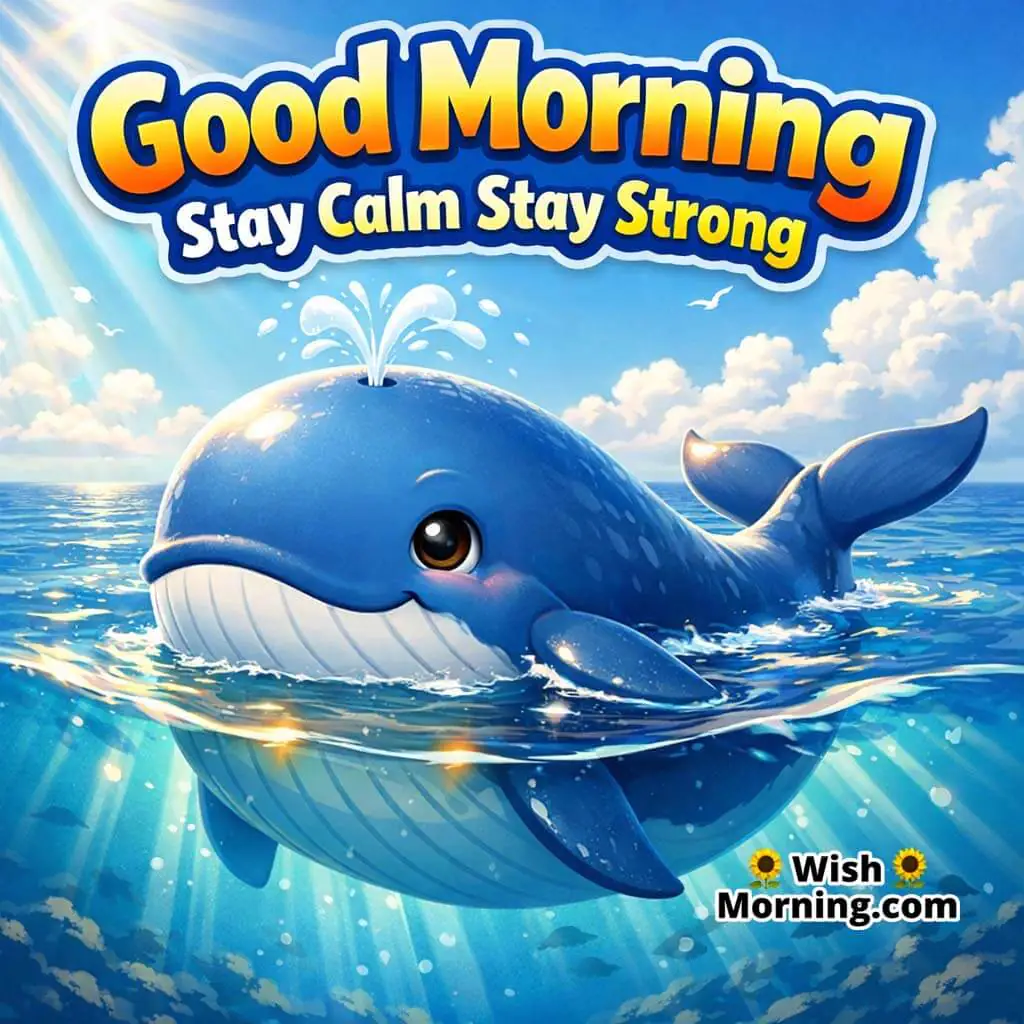 Good Morning Stay Calm Stay Strong Blue Whale featuring a calm blue whale near the ocean surface with soft sunbeams and peaceful reflections, symbolizing inner strength and steady peace.