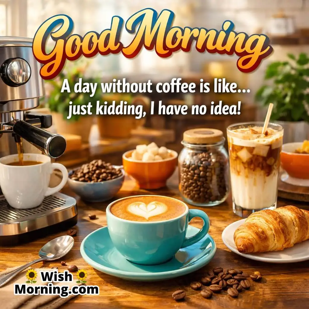Good Morning Coffee Addict Quote image featuring a latte with heart foam, coffee jars, iced coffee, and croissant on a table, symbolizing love for coffee, morning dependency, and playful daily habits.