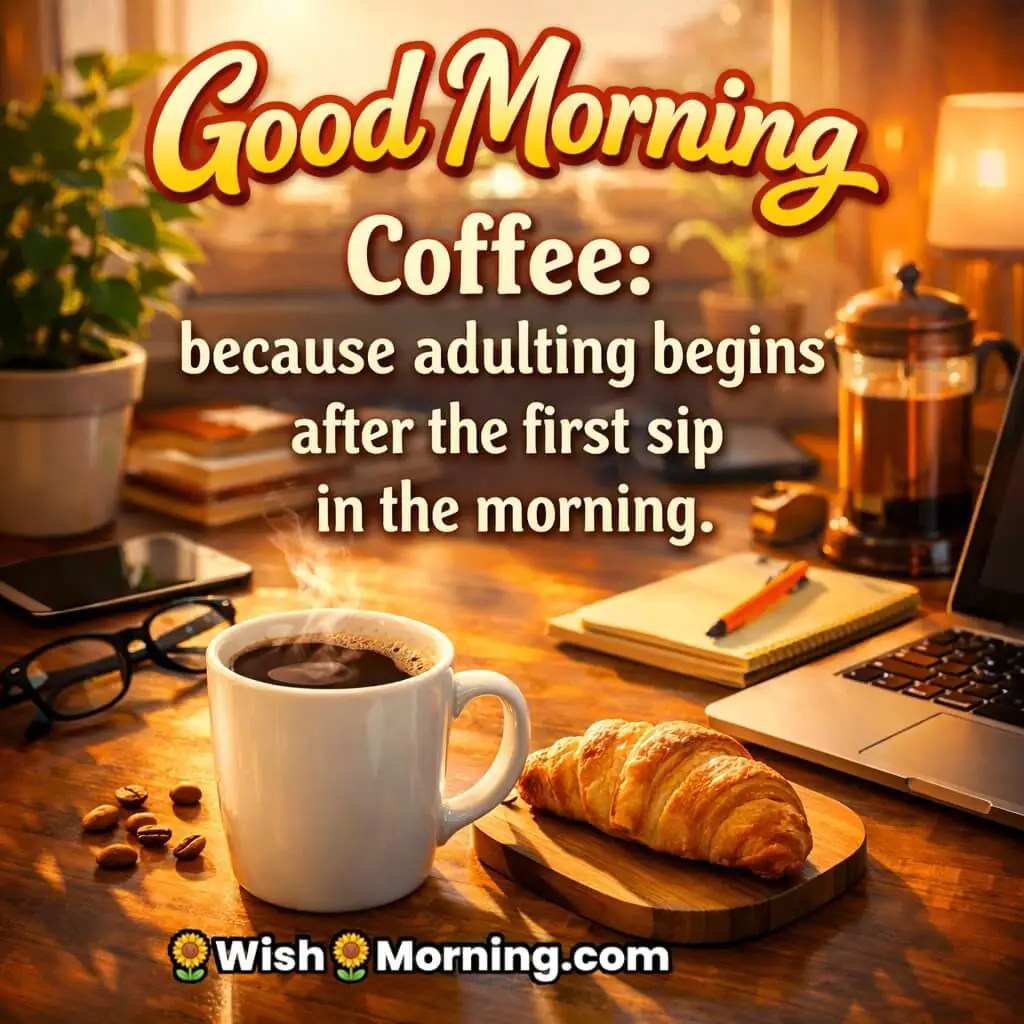 Good Morning Coffee Humor Quote image featuring a steaming coffee cup, croissant, notebook, laptop, and warm indoor light, symbolizing relatable morning humor, routine life, and comfort before work begins.