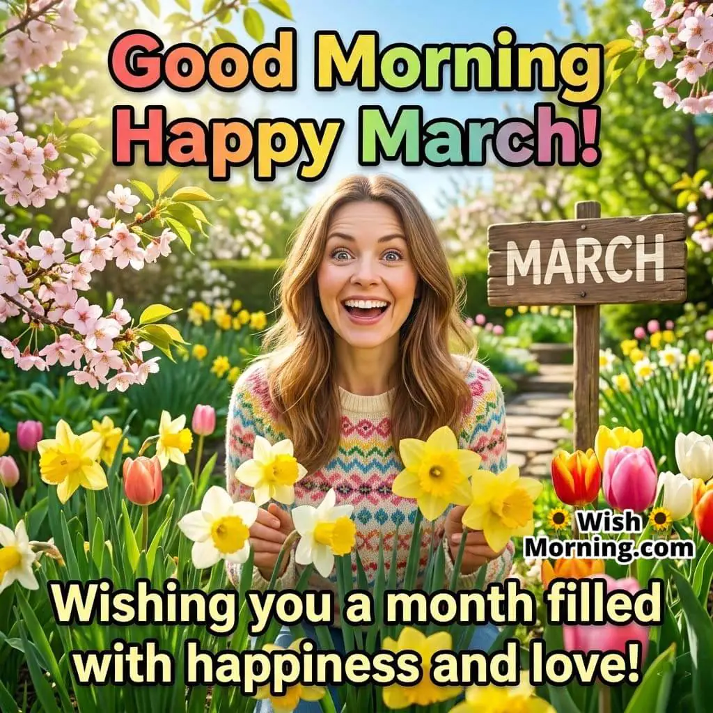 Good Morning Happy March Happiness Wish Image featuring a joyful woman standing among daffodils near a wooden March sign in a colorful spring garden symbolizing celebration and cheerful new beginnings.