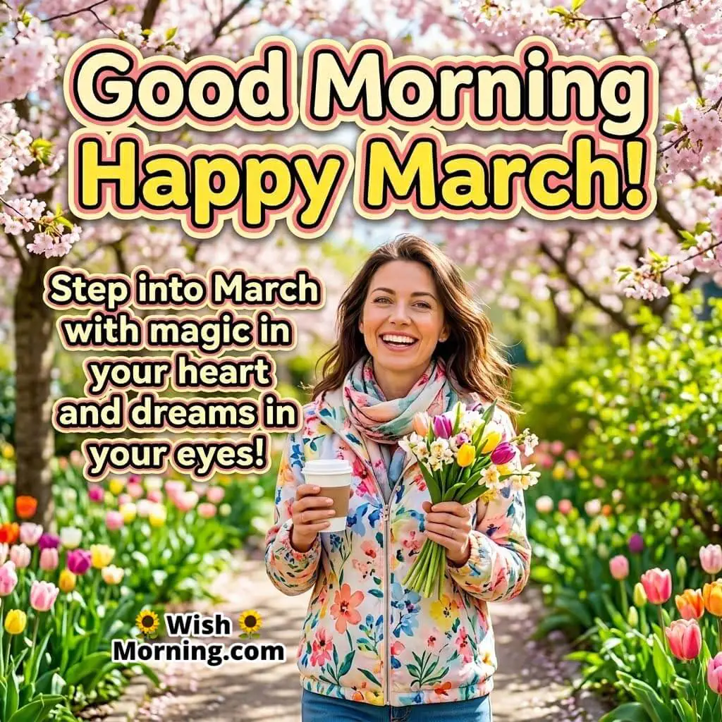 Good Morning Happy March Magic and Dreams Quote Image featuring a smiling woman holding coffee and flowers while walking along a tulip-lined path symbolizing hope, positivity, and a bright month ahead.