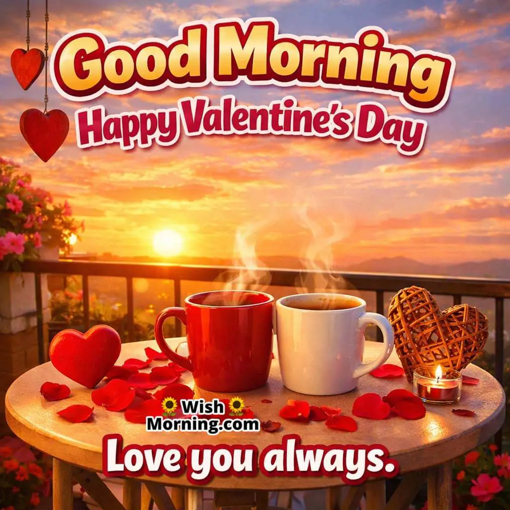 Good Morning Happy Valentine’s Day love quote image with two coffee mugs, red hearts, rose petals and romantic sunrise balcony scene.