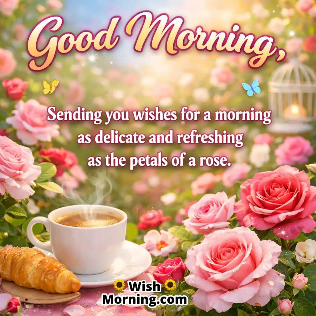 Good Morning rose love quote showing a warm coffee cup and croissant surrounded by fresh pink roses in a garden, expressing gentle love, freshness, and soft morning affection.