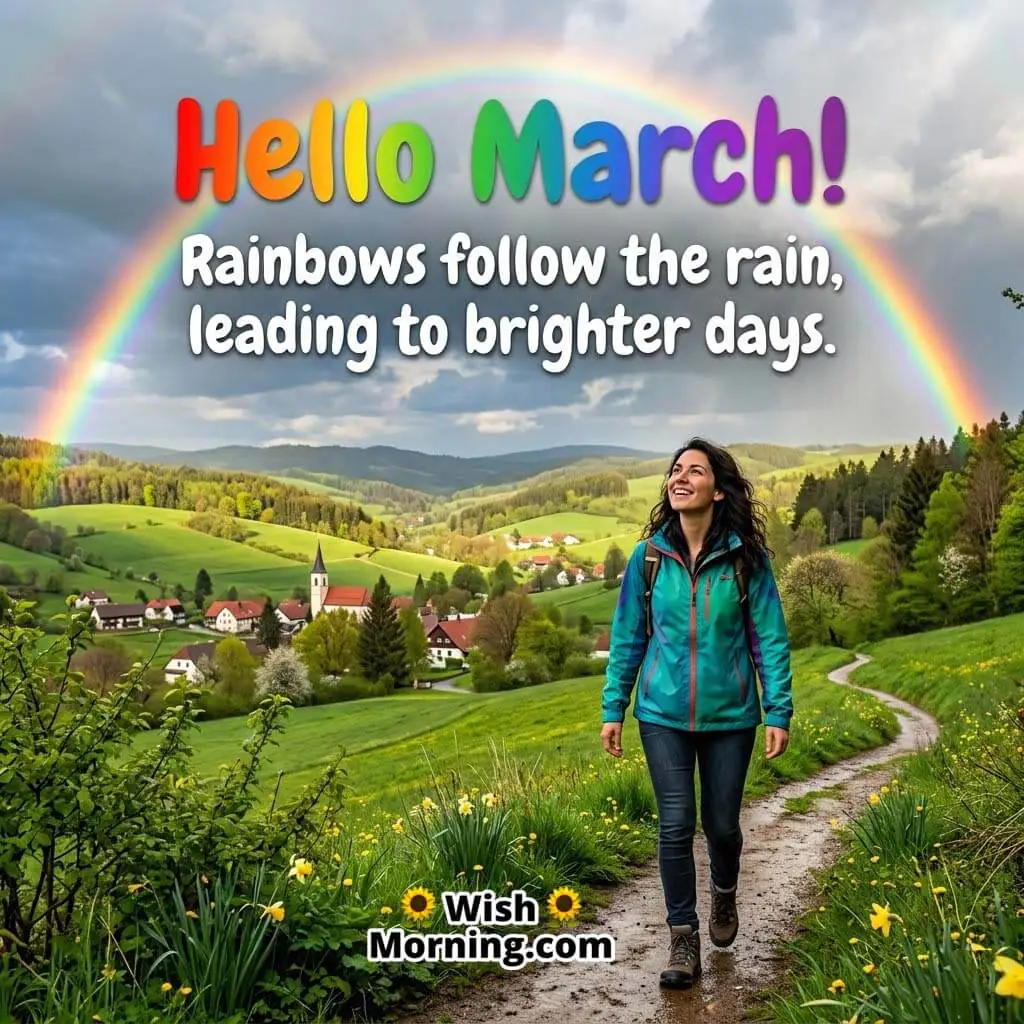 Hello March Rainbow After Rain Quote Image featuring a woman walking along a green hillside path with a bright rainbow across the sky symbolizing hope and brighter days ahead.