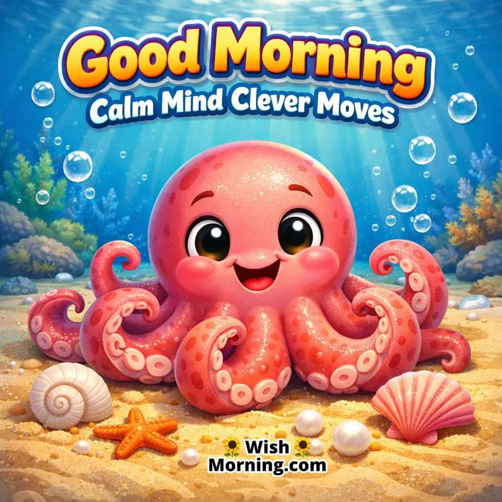Octopus Sandy Seabed Good Morning Photo featuring a friendly octopus on bright sand with shells and soft light beams, symbolizing calm focus and clever progress.