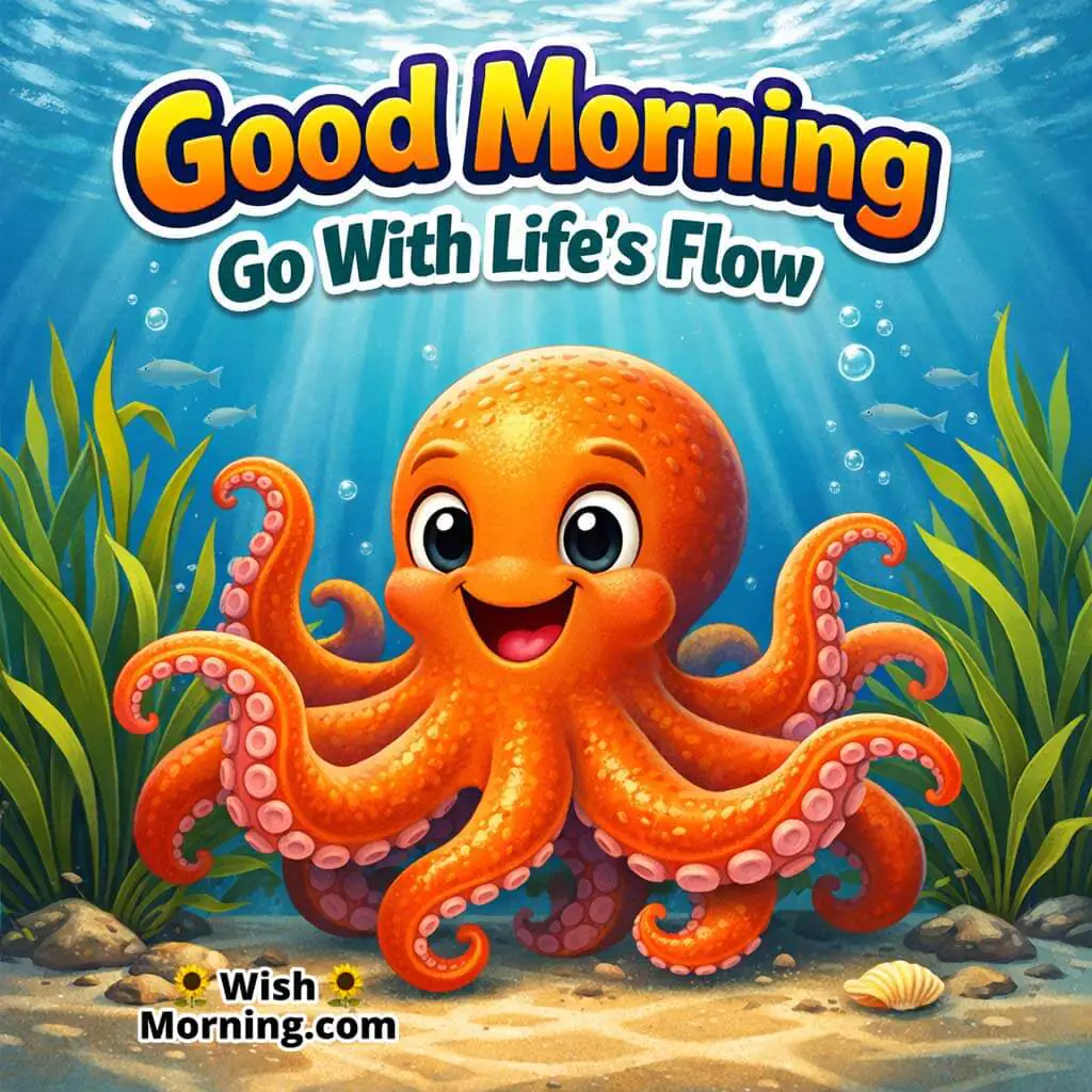 Octopus Sea Grass Good Morning Image featuring an octopus near swaying sea grass in clean water clarity with sunbeams, symbolizing smooth flow and peaceful balance.