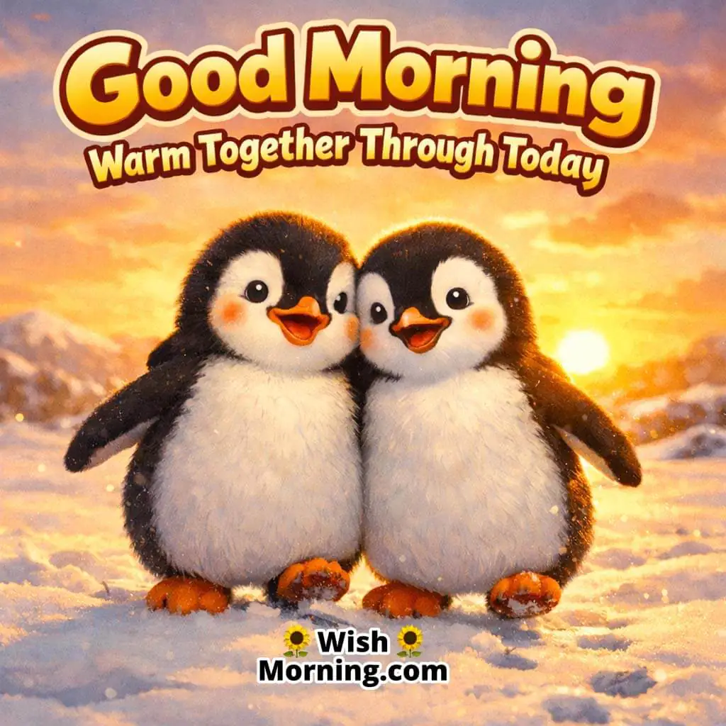 Penguin Pair Snow Walk Good Morning Picture featuring two penguins walking together on snowy ground with warm sunrise glow, symbolizing togetherness and gentle support.
