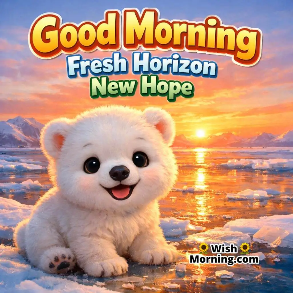 Polar Bear Cub Frozen Shore Good Morning Image featuring a cute polar bear cub near a frozen shore with sunrise reflections on icy water, symbolizing new hope and fresh horizons.
