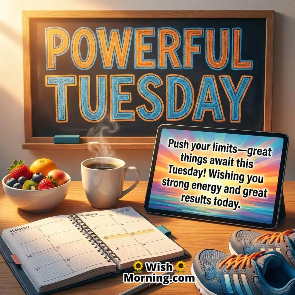 Powerful Tuesday message image showing a productive desk setup with planner, coffee, running shoes, and a motivational chalkboard.