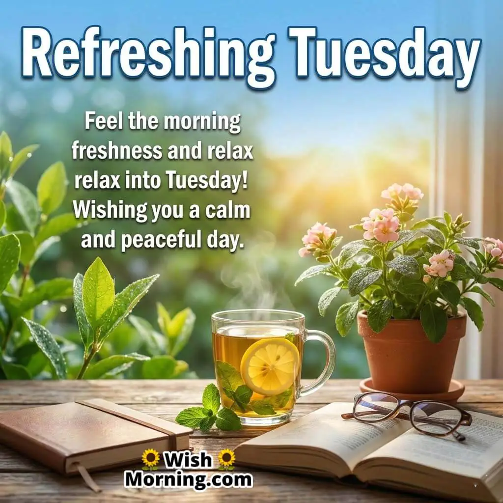 Refreshing Tuesday message image featuring a glass cup of herbal tea, lemon slice, green plants, and an open book on a wooden table in soft morning light.