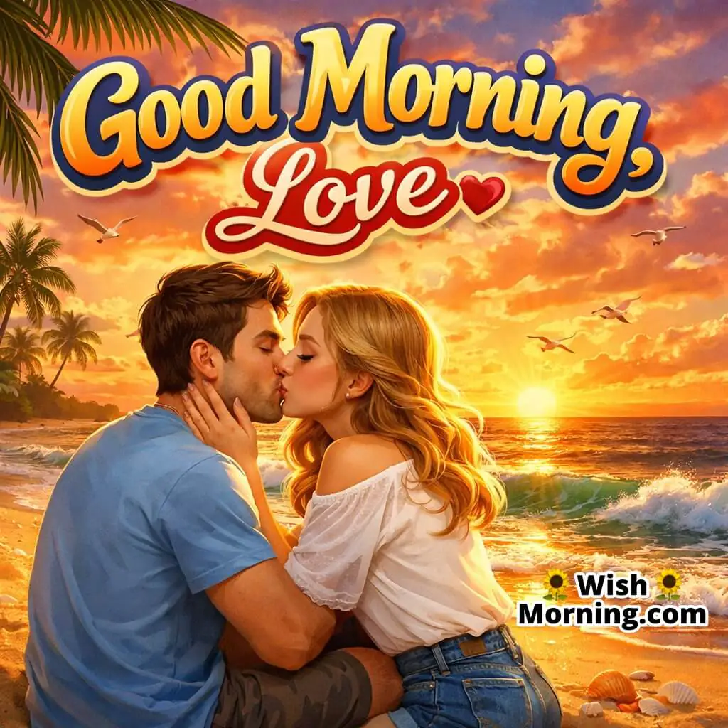 A joyful couple kissing on a beach at sunrise, symbolizing love and new beginnings.