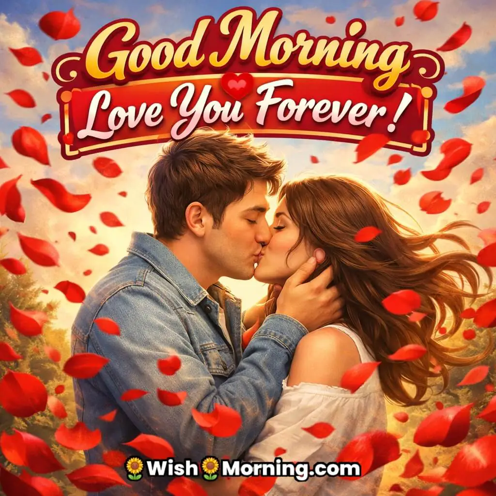 A loving couple sharing a soft kiss surrounded by floating rose petals.
