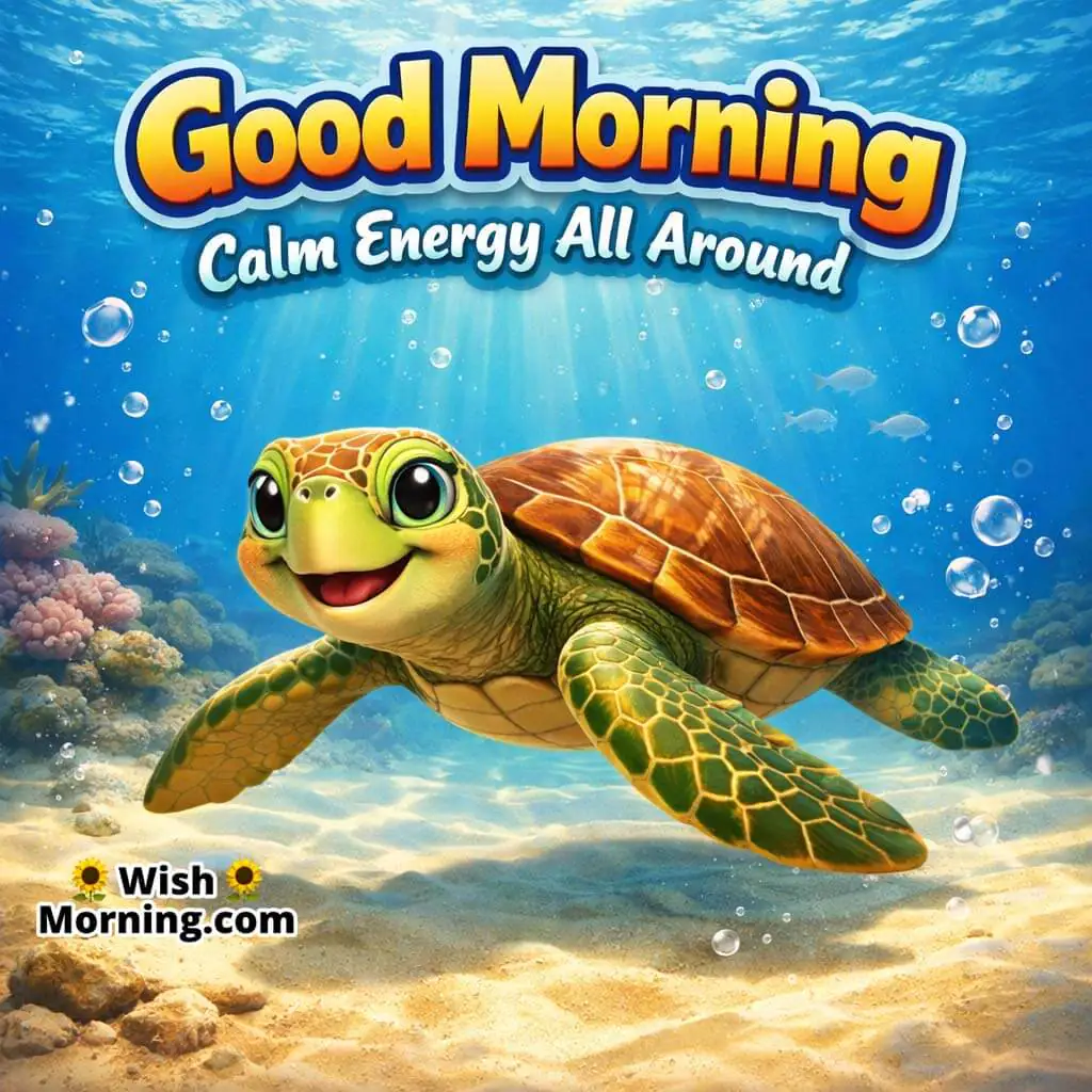 Sea Turtle Sandy Seabed Good Morning Photo featuring a sea turtle over bright sand with soft underwater light and tiny bubbles, symbolizing calm energy and a smooth start.