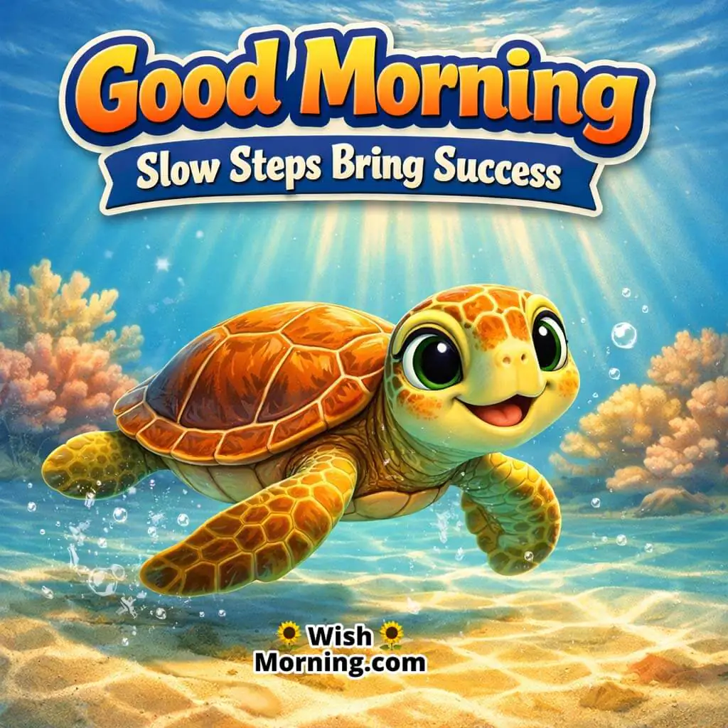Sea Turtle Sunlit Shallows Good Morning Image featuring a sea turtle swimming in clear shallow water with warm sun rays and soft coral hints, symbolizing steady progress and calm strength.