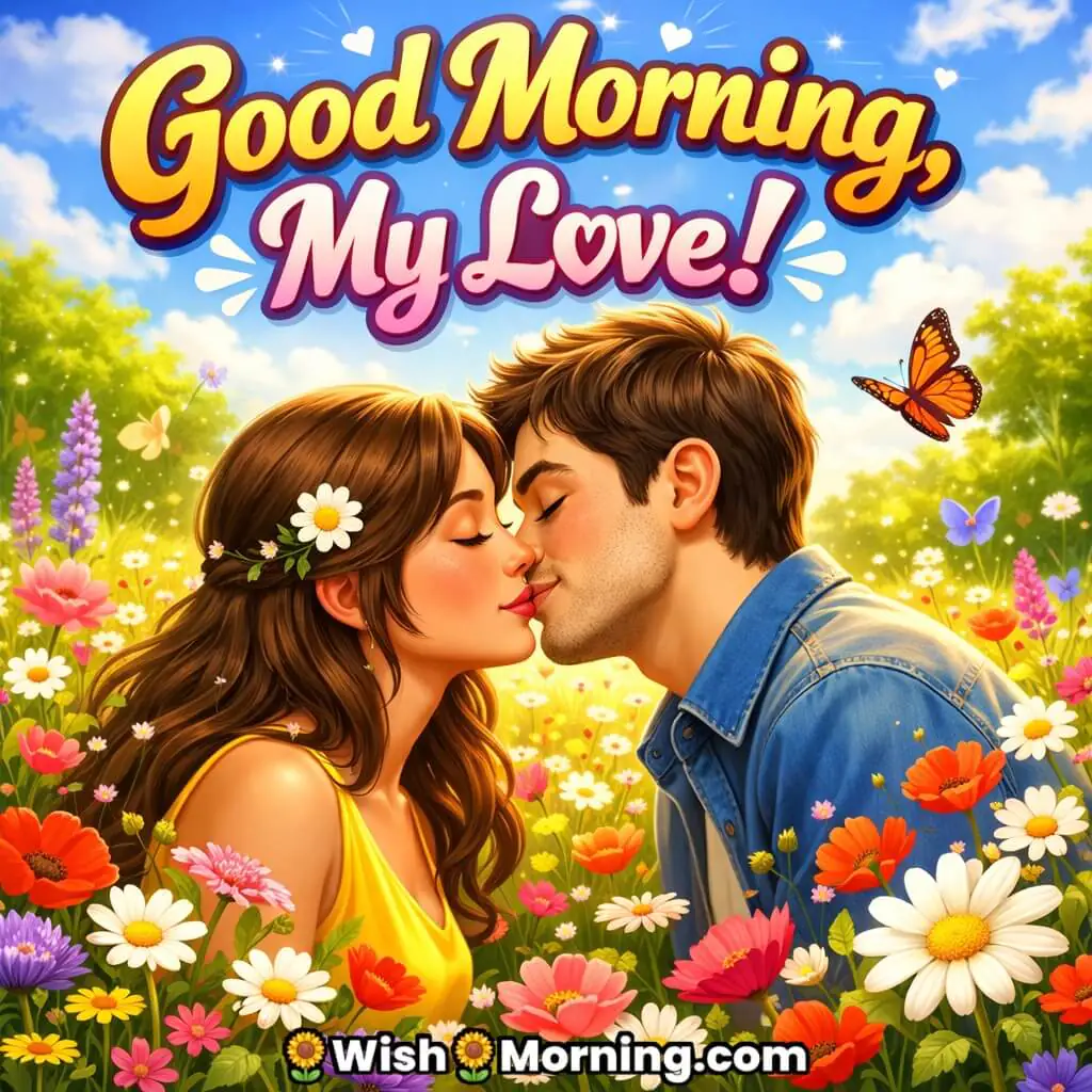 A couple sharing a sweet butterfly kiss in a field of blooming flowers, radiating love.