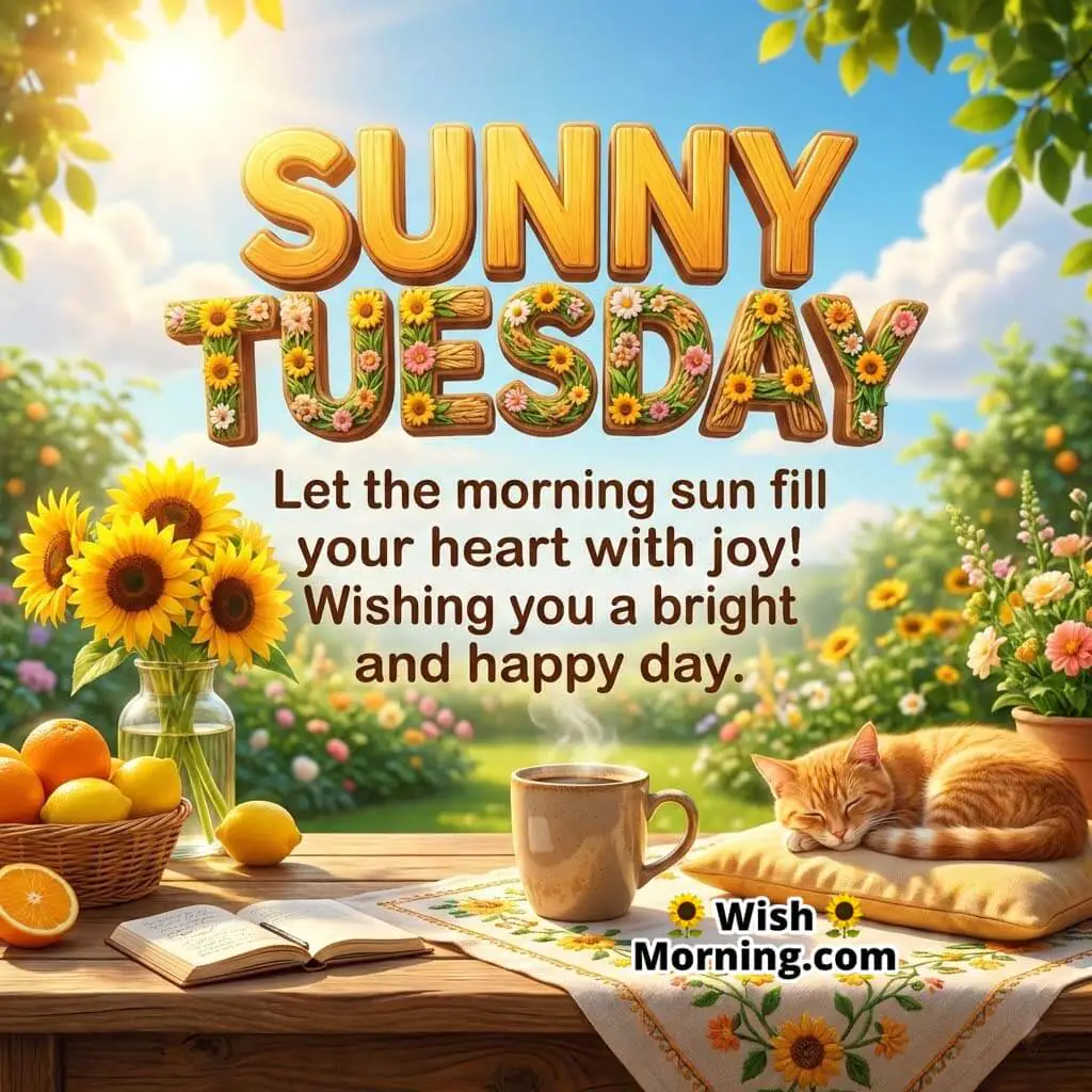 Sunny Tuesday Morning Message Image, featuring sunflowers, fresh fruits, a warm coffee cup, an open book, and a sleeping cat in bright sunlight, symbolising joy, warmth, and a bright day.