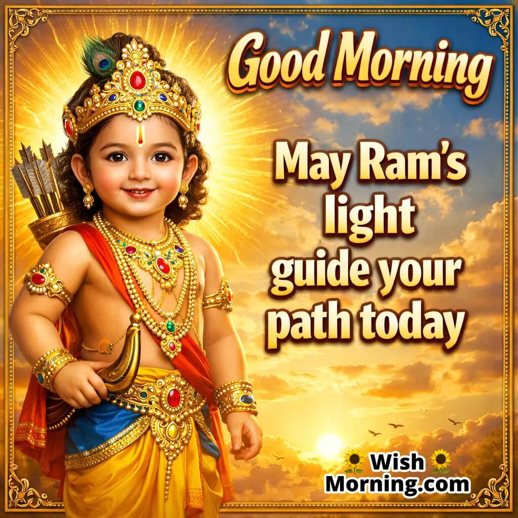 Good Morning Baby Ram Faith Message featuring Baby Ram with divine glow and bow against a sunrise sky, symbolizing faith, light, and spiritual guidance.