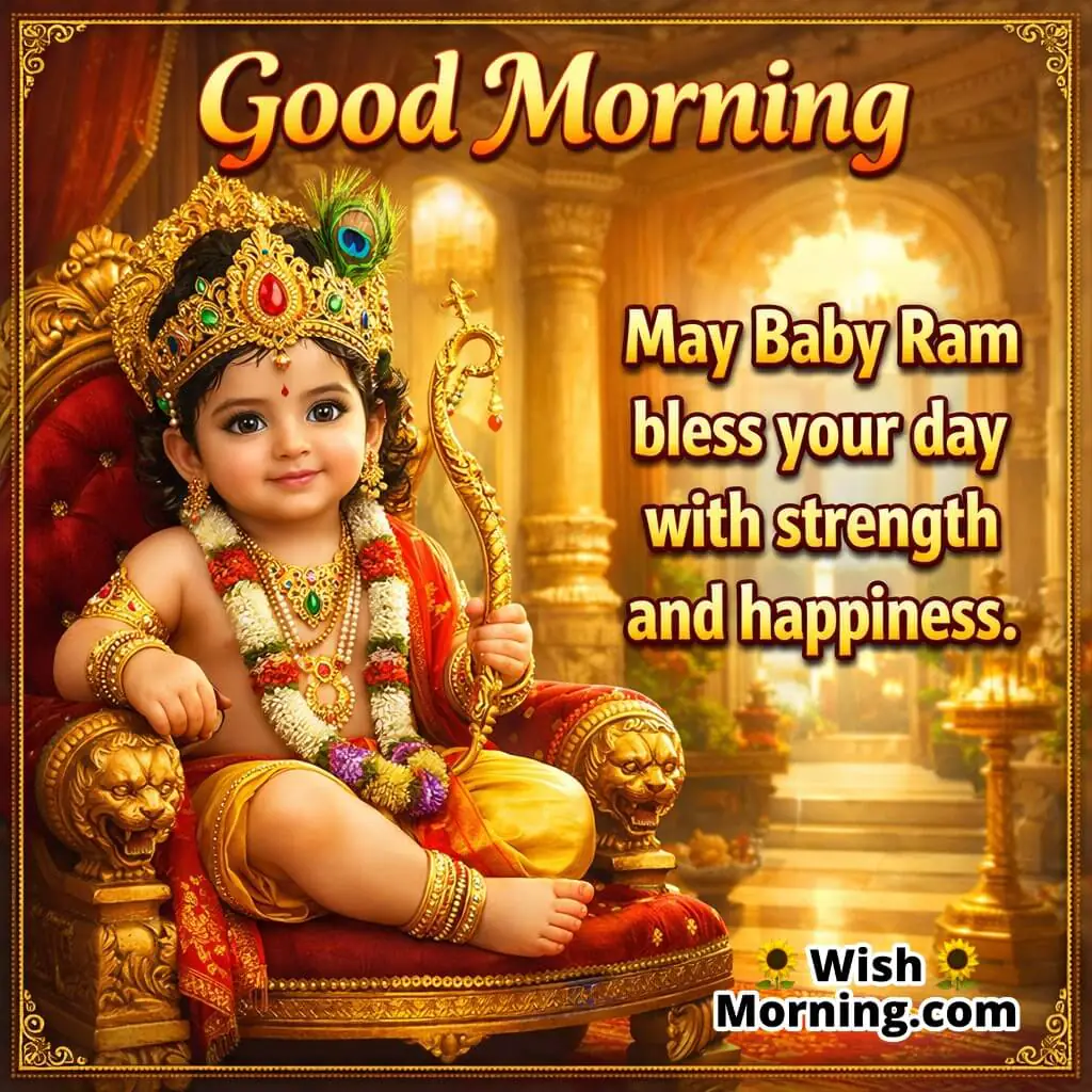 Good Morning Baby Ram Strength Message featuring Baby Ram seated on a royal throne inside a golden palace, symbolizing strength, prosperity, and divine protection.