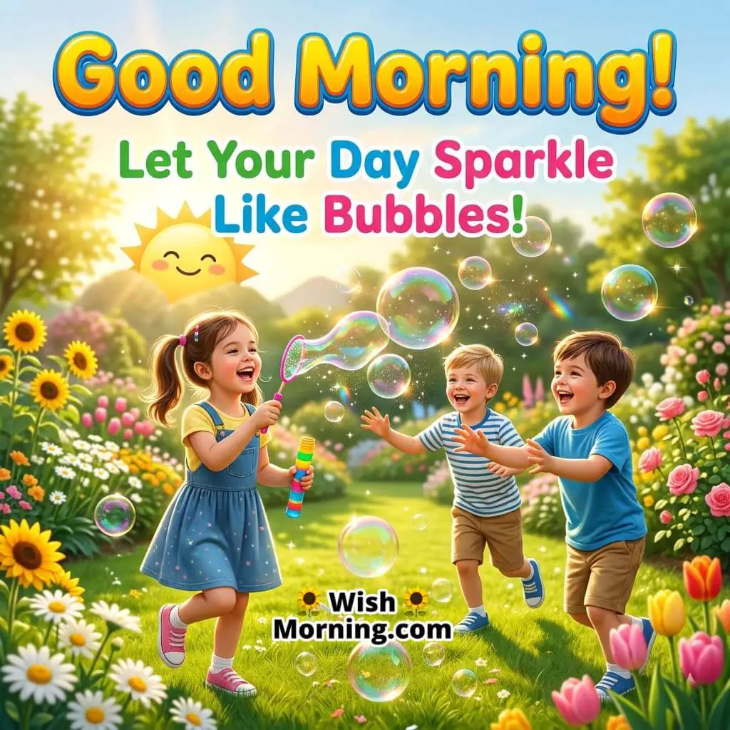 Good Morning kids happiness quote image featuring joyful children playing with bubbles in a sunny garden filled with flowers and bright morning light symbolizing fun, laughter, and a cheerful start to the day.