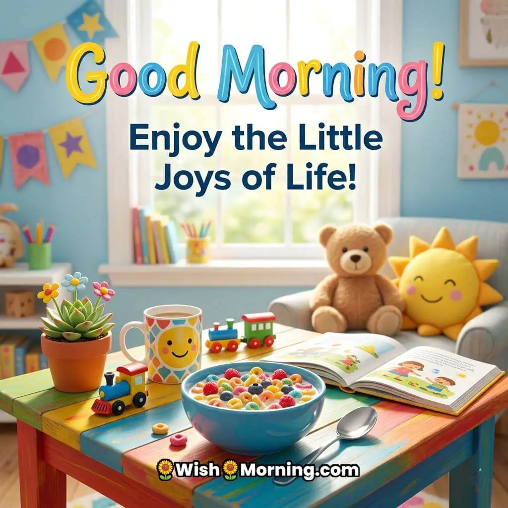 Good Morning little joys quote image featuring a cozy kids room with breakfast cereal, toys, teddy bear, colorful books, and cheerful sunlight symbolizing simple happiness and a peaceful start to the day.