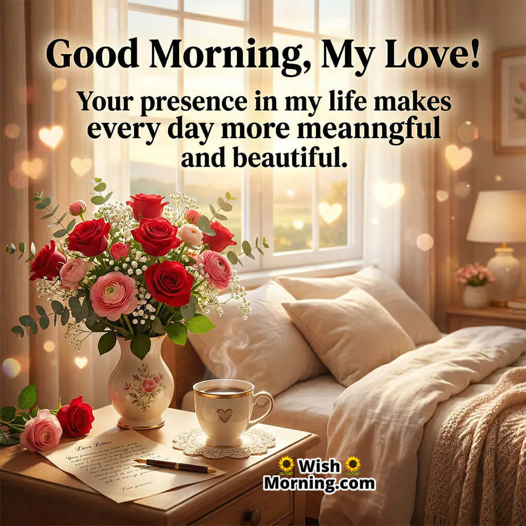 Good Morning My Love Warm Feelings Quote Image featuring a bouquet of roses, a coffee cup, and a softly lit cozy setup symbolizing affection, comfort, and meaningful presence.