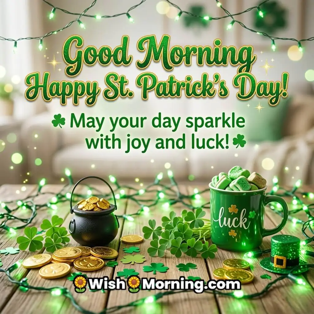Good Morning St. Patrick’s Day Sparkling Luck Wish Image featuring green fairy lights, shamrocks, gold coins, a lucky mug, and festive decorations on a wooden table symbolizing joy, good fortune, and cheerful morning celebration.