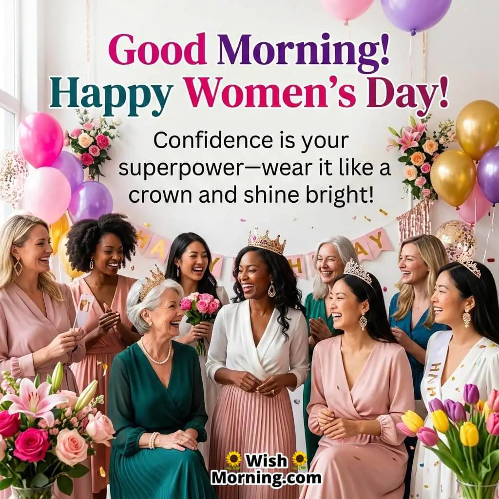 Good Morning Women’s Day Confidence Message Image featuring women celebrating together with flowers, balloons, and joyful expressions symbolizing empowerment and confidence.