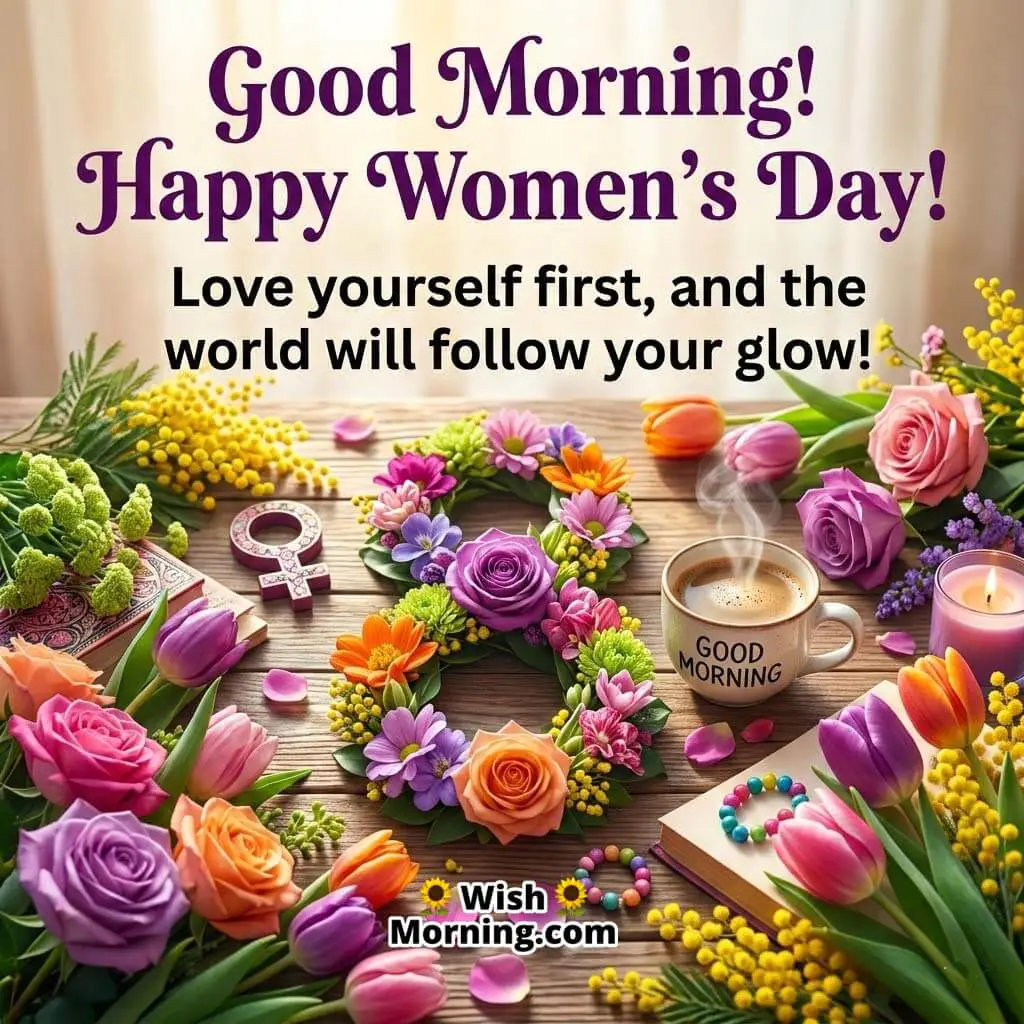 Good Morning Women’s Day Self-Worth Message Image featuring a floral greeting frame decorated with roses, tulips, and butterflies symbolizing self-love, beauty, and appreciation for women.