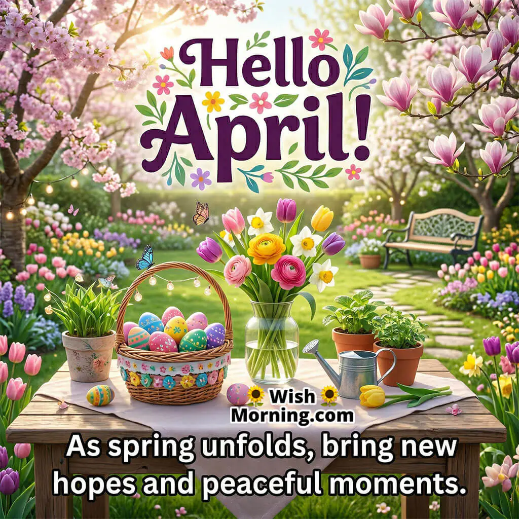 Hello April New Hope and Peaceful Moments Message Image featuring a spring garden scene with flowers, decorative basket, and soft blossoms symbolizing hope, calmness, and fresh beginnings.