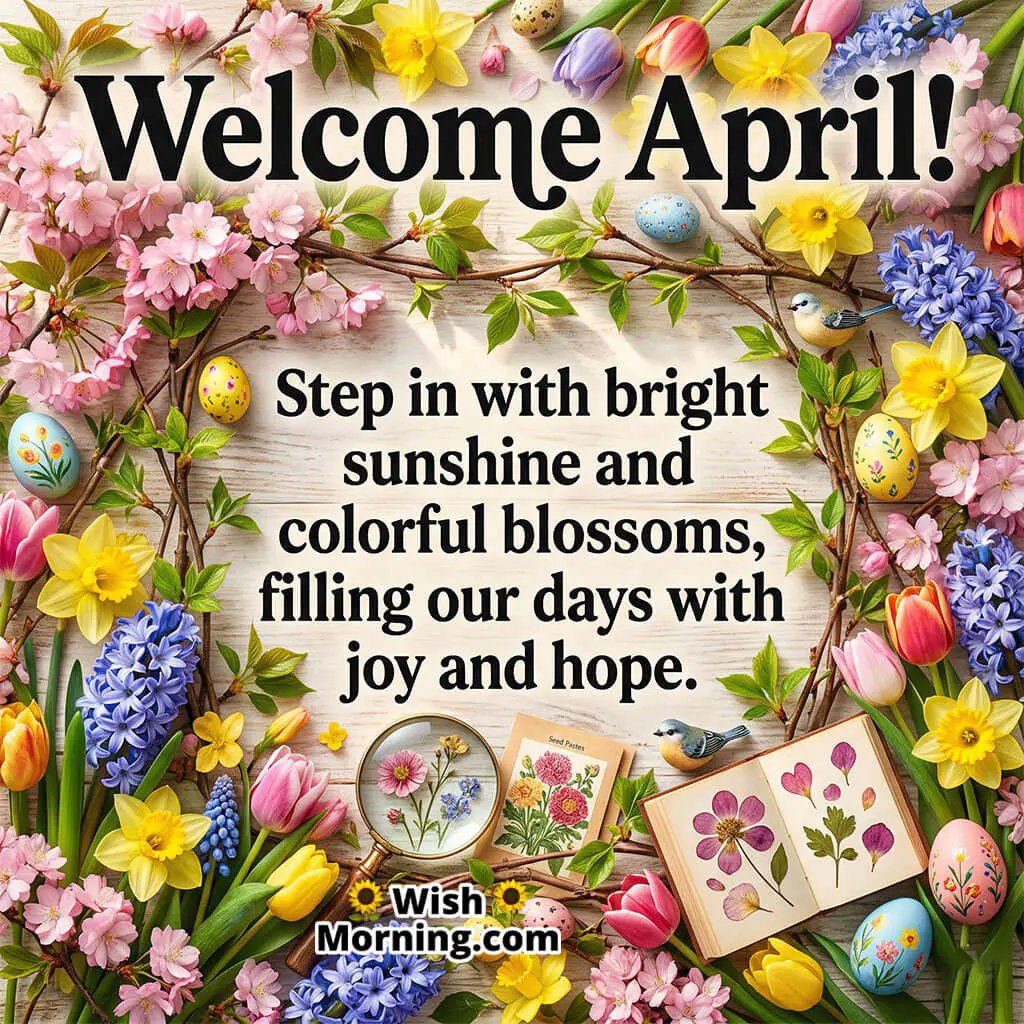 Welcome April Spring Joy and Hope Quote Image featuring blooming flowers arranged around a decorative frame with soft pastel tones symbolizing happiness, hope, and seasonal beauty.