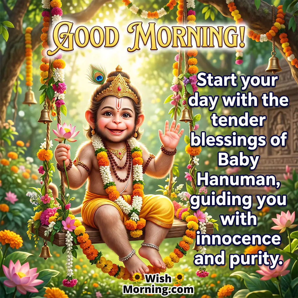 Good Morning Baby Hanuman Innocence Message featuring Baby Hanuman sitting on a decorated swing with flowers, symbolizing innocence, purity, and gentle blessings.