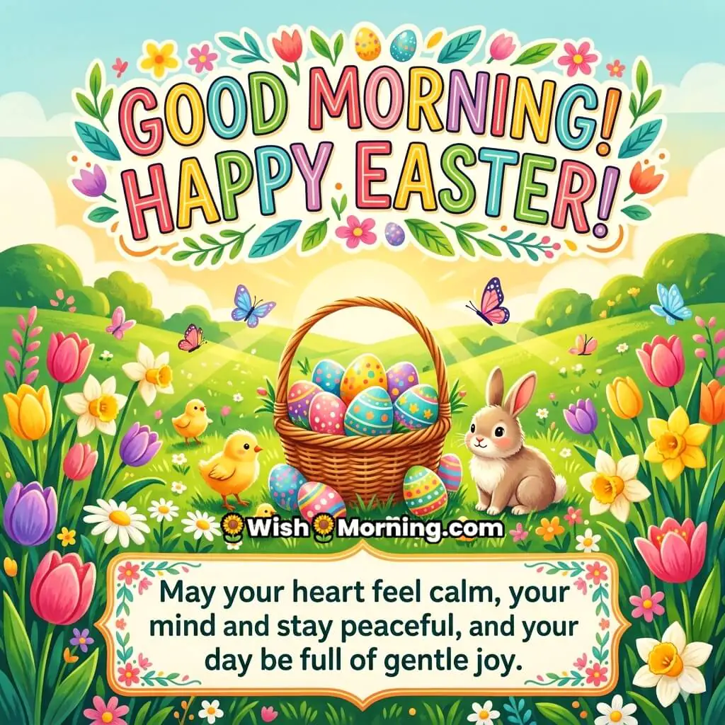 Good Morning Easter Calm Heart and Peaceful Day Message Image featuring egg basket, bunny, chicks, butterflies, and blooming flowers symbolizing serenity, gentle joy, and fresh beginnings.