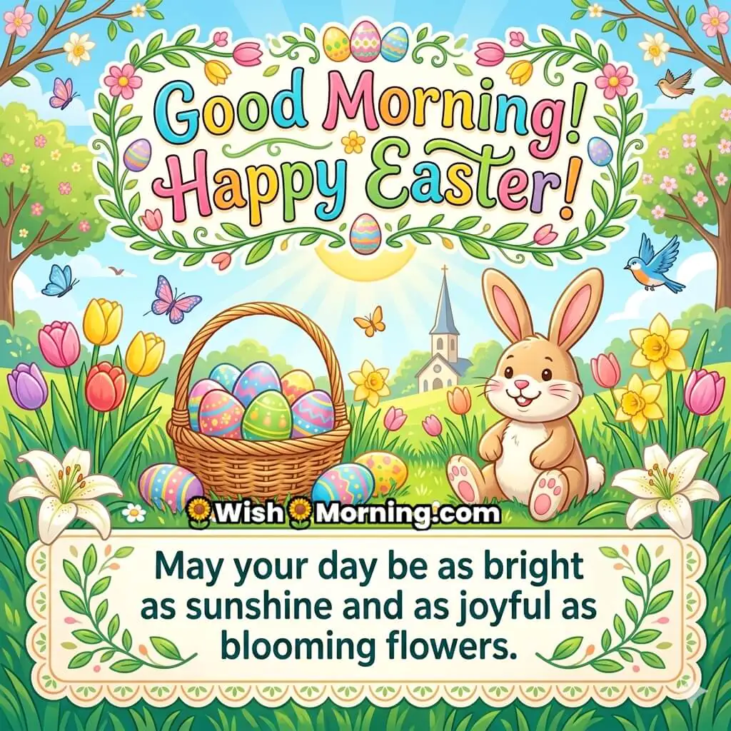 Good Morning Easter Sunshine and Blooming Joy Quote Image featuring bright sunrise, bunny, decorated eggs, flowers, and sparrow symbolizing happiness, light, and cheerful spring vibes.